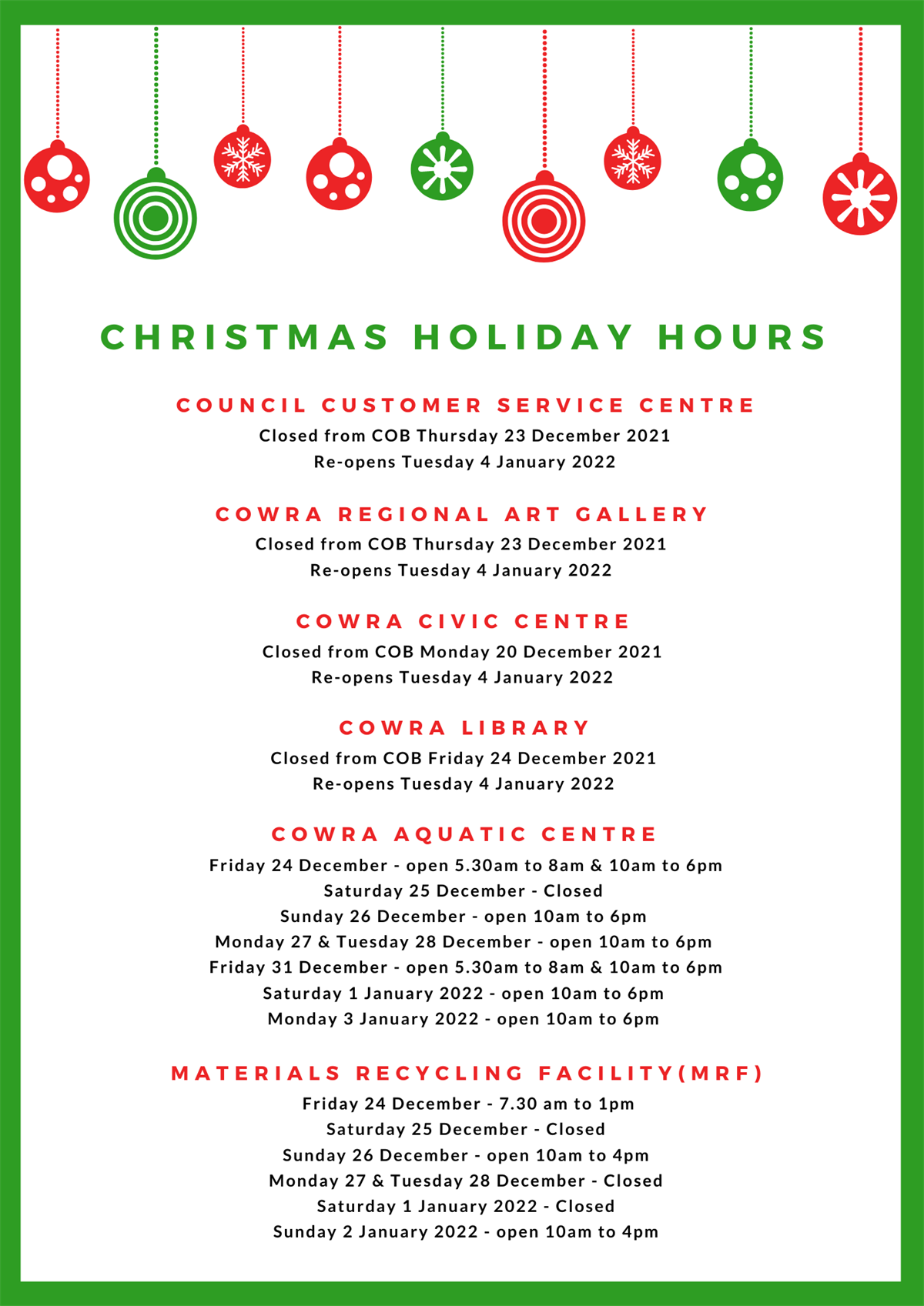 Cowra Council Christmas Closure Hours 2021 Cowra Council